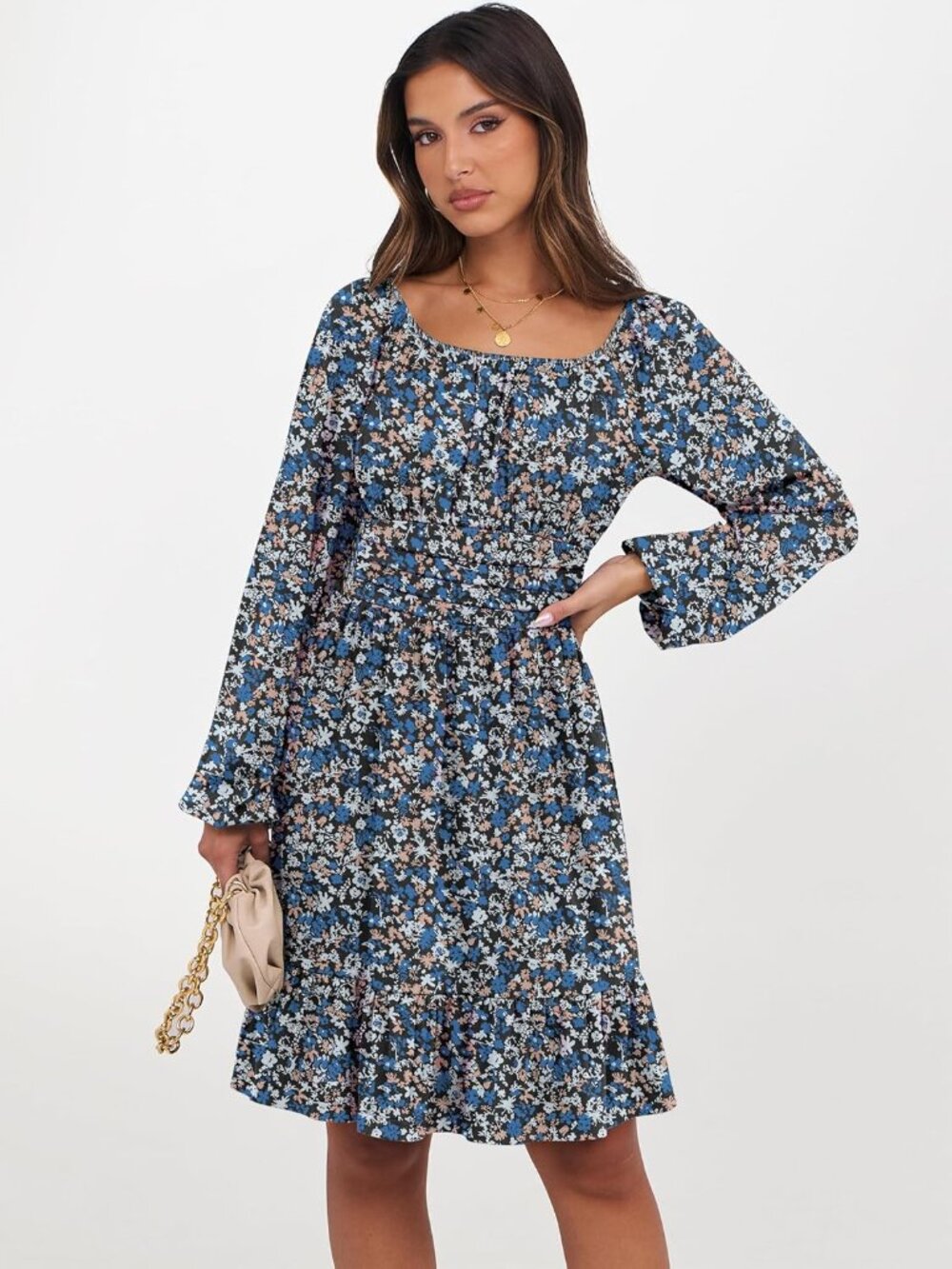 Women's Blue And White Long Lantern Sleeve Ruffle Flowy Swing A-Line Short Dress - Picture 3 of 6